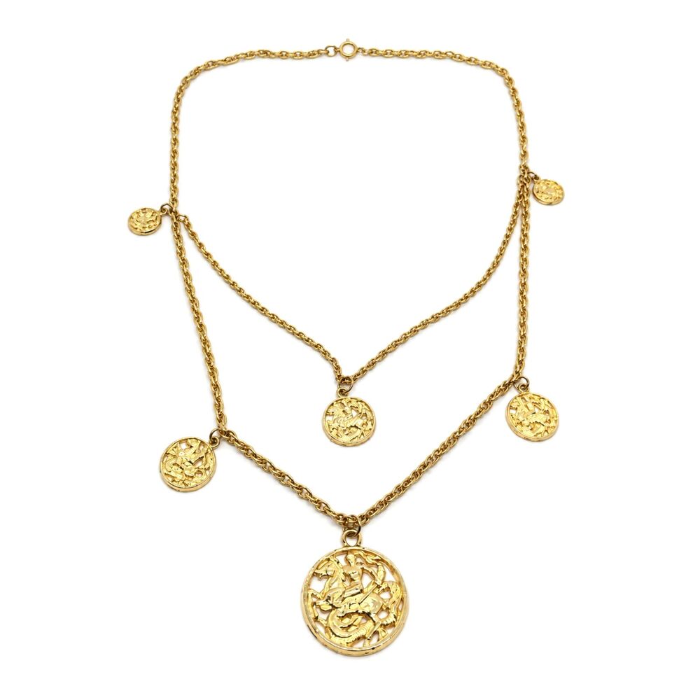 VINTAGE COIN NECKLACE Gold Tone Medallion Knight Horse Dragon 70s Boho Layered